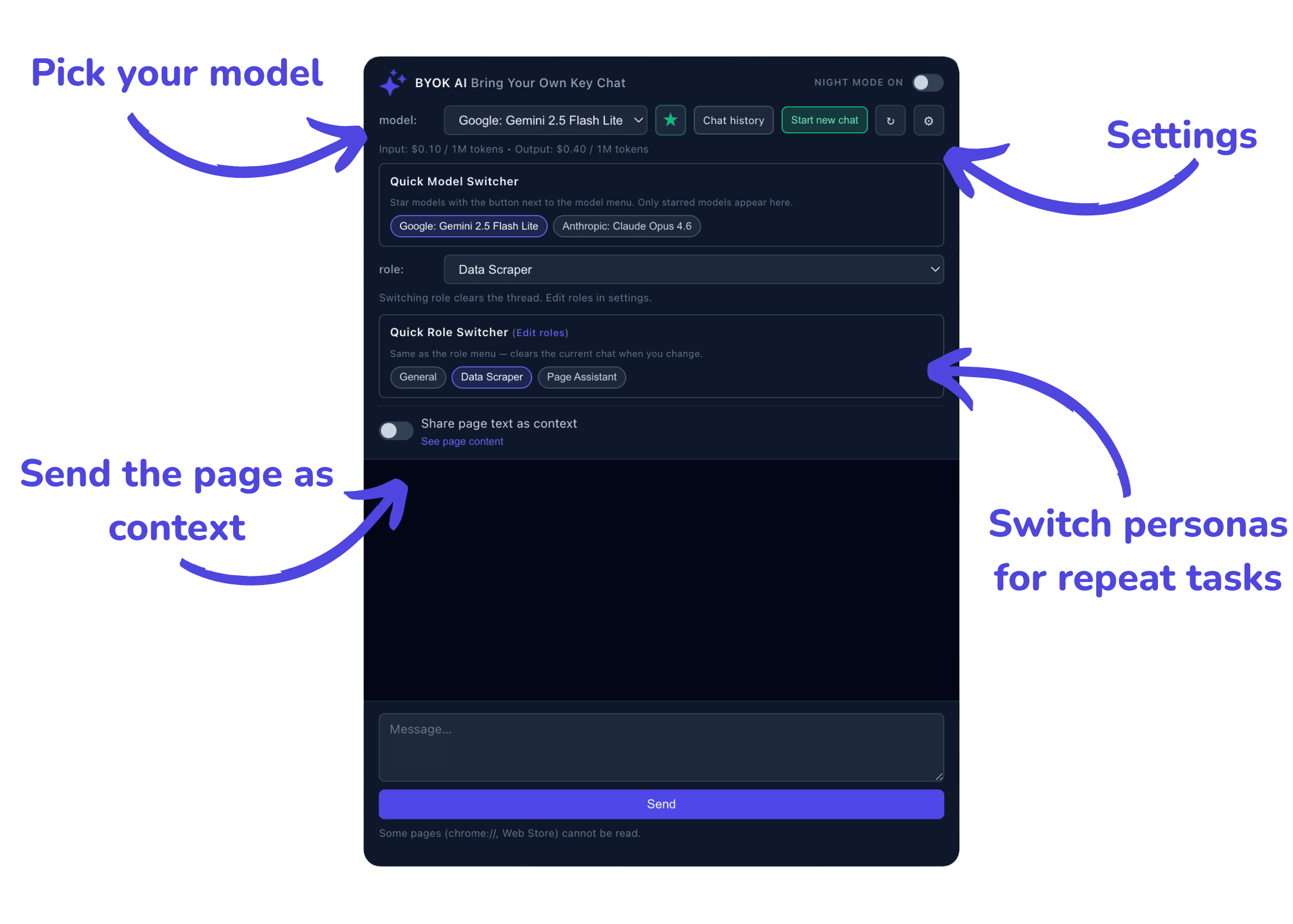 BYOK AI interface: pick a model, open settings, switch personas for repeat tasks, and send the page as context.